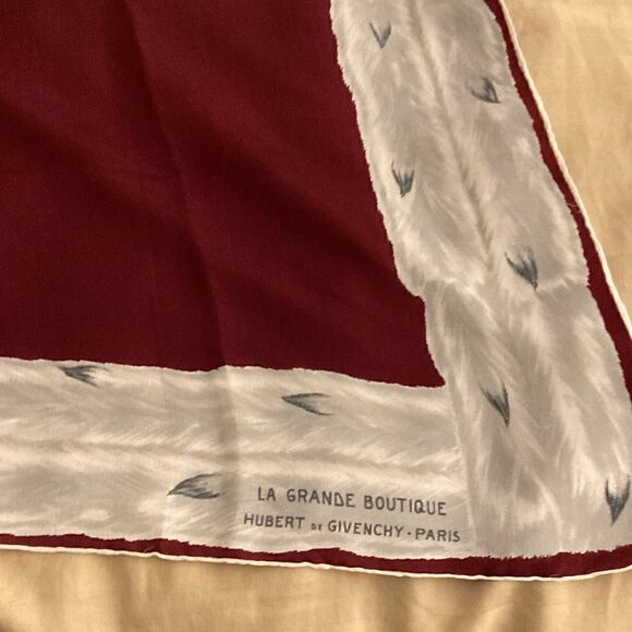Hubert de Givenchy Paris Vintage Silk Scarf with Hand Rolled Hem. Burgundy/Gray - Picture 5 of 9